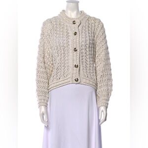 Ba&sh Open-Knit Cream & Gold Large Button Crewneck Thick Cardigan Size 1